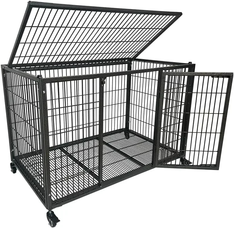 Dog Crate Cage Kennel for Large Dogs, High Anxiety Dog Crate with Removable Crate Trays, Wheels and Double Door