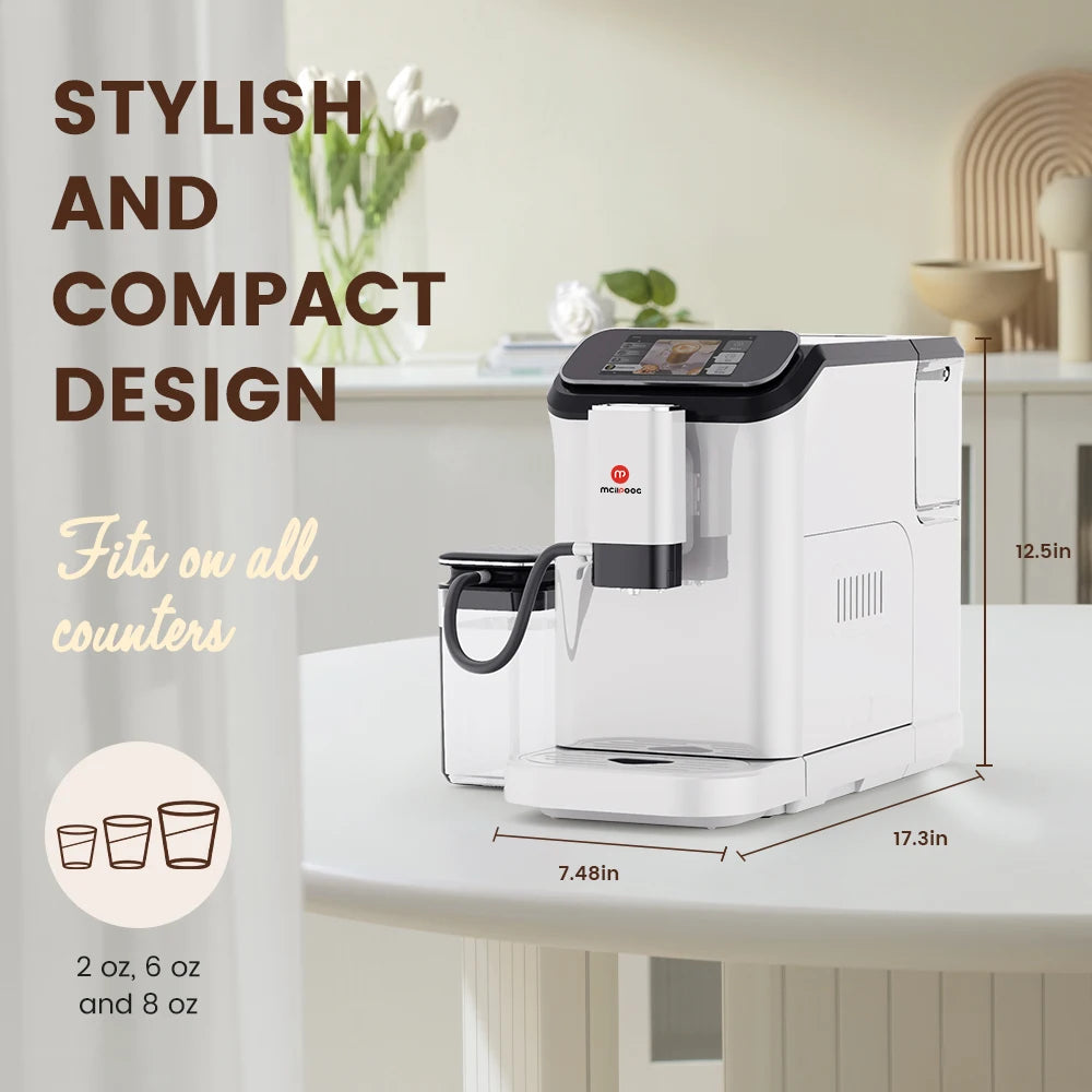 Mcilpoog WS-D5 Automatic Coffee Machine - Smart Wi-Fi , 12 Coffee Varieties, Touchscreen & Built-In Frother/1.5L Tank for Home