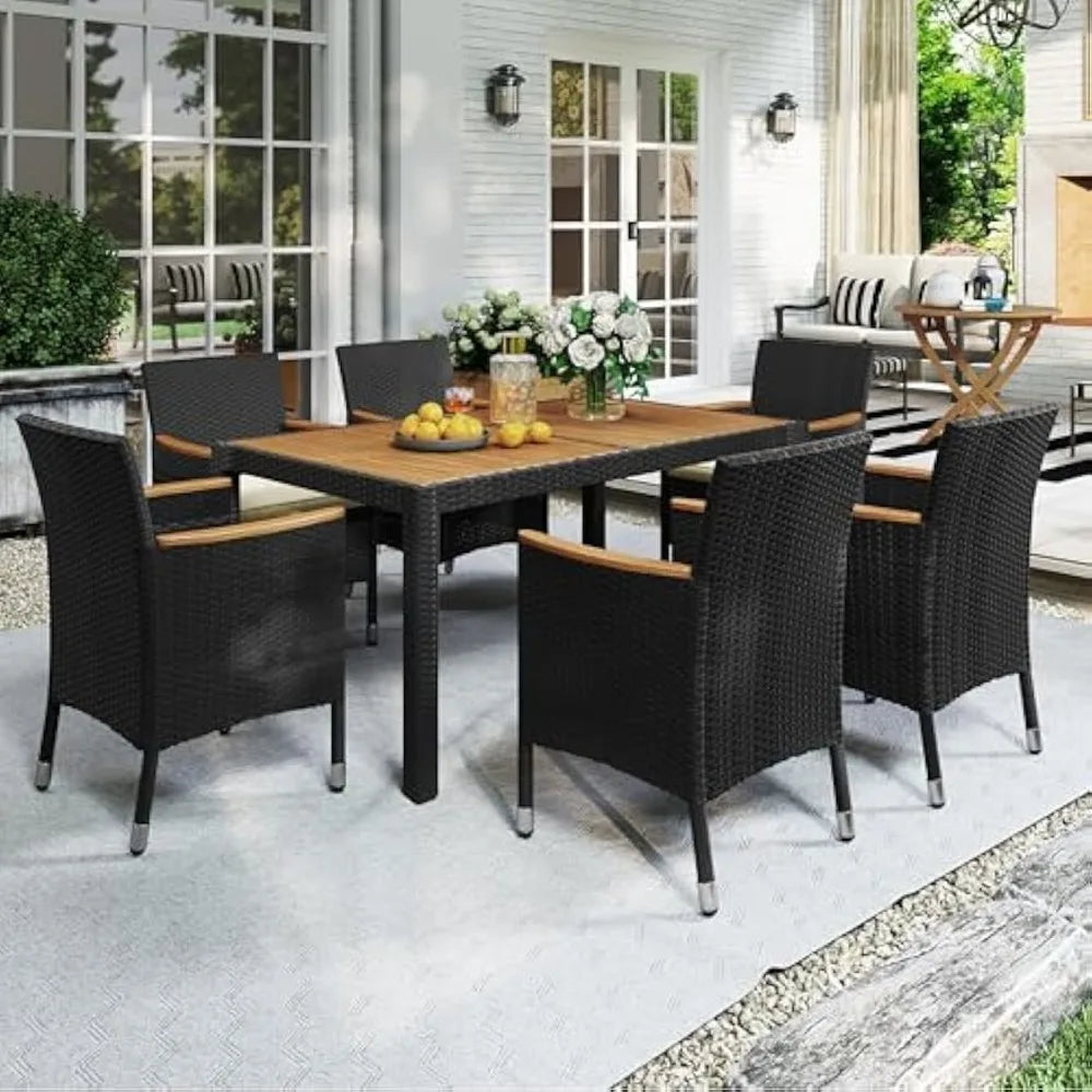 7 Piece Patio Furniture Set, Outdoor Dining Acacia Wood Table Top Rattan Conversation Set with Soft Cushions, 6 Chairs & 1 Tabl