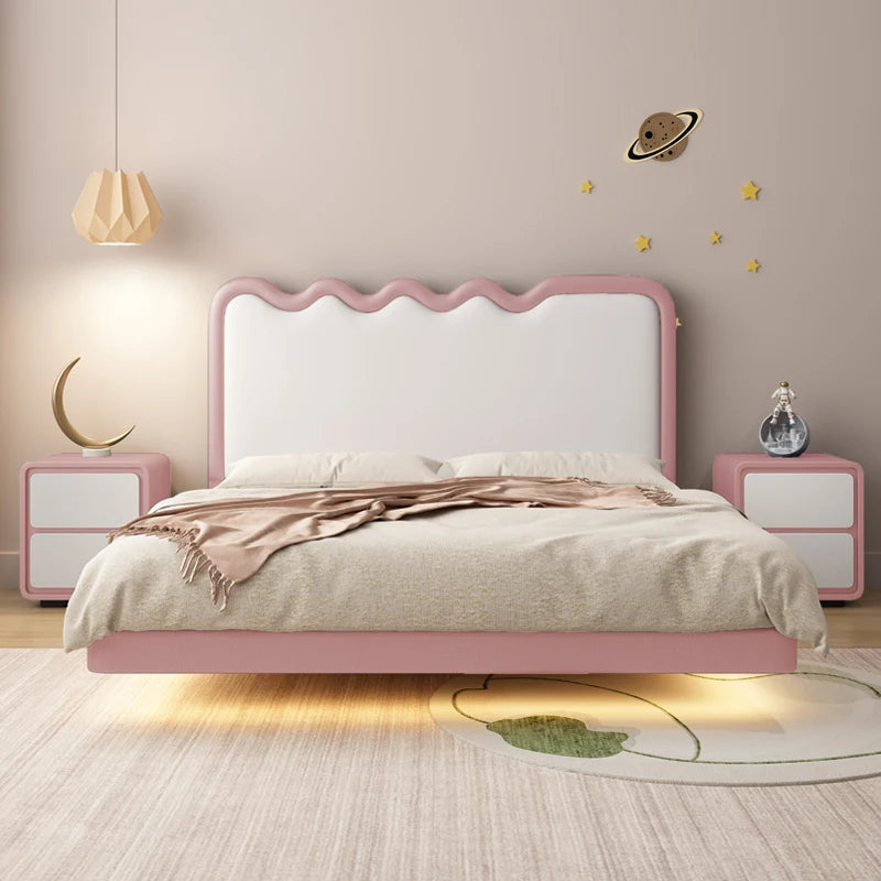 Cream Floating Kids Bed - Minimalist Solid Wood Frame with LED Lighting