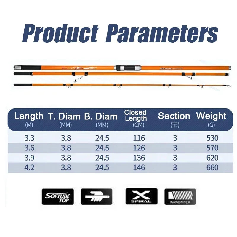 3.3M 3.6M 3.9M 4.2M Carp Rod 35kg Surf Fishing Rod Portable Travel Surf Spinning Rod 3 Piece Carbon Fiber Saltwater Fishing Rod