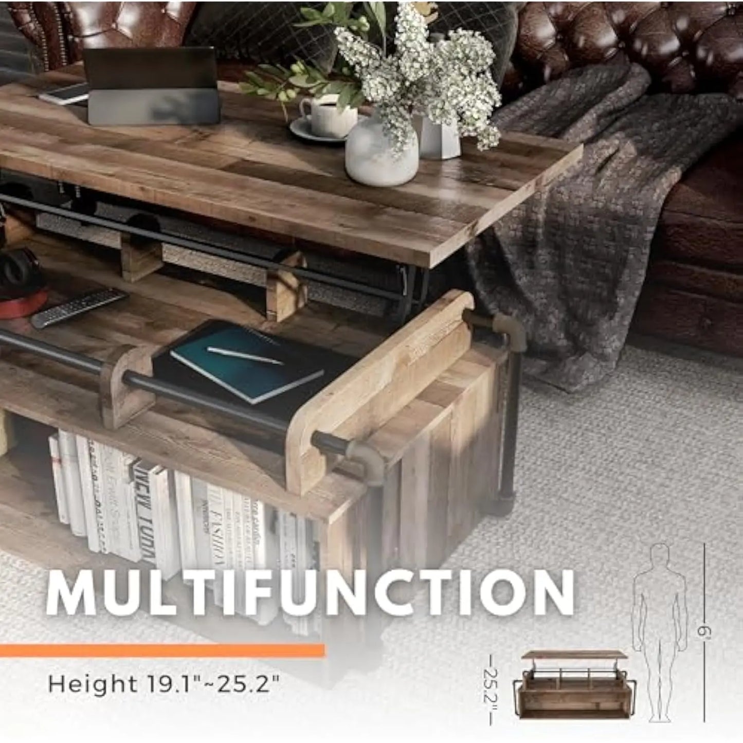 Galilhai 52 Wood Lift-Top Coffee Table with Storage, Industrial Rectangle Desk with Height-Adjustable Tabletop, for Small Spac