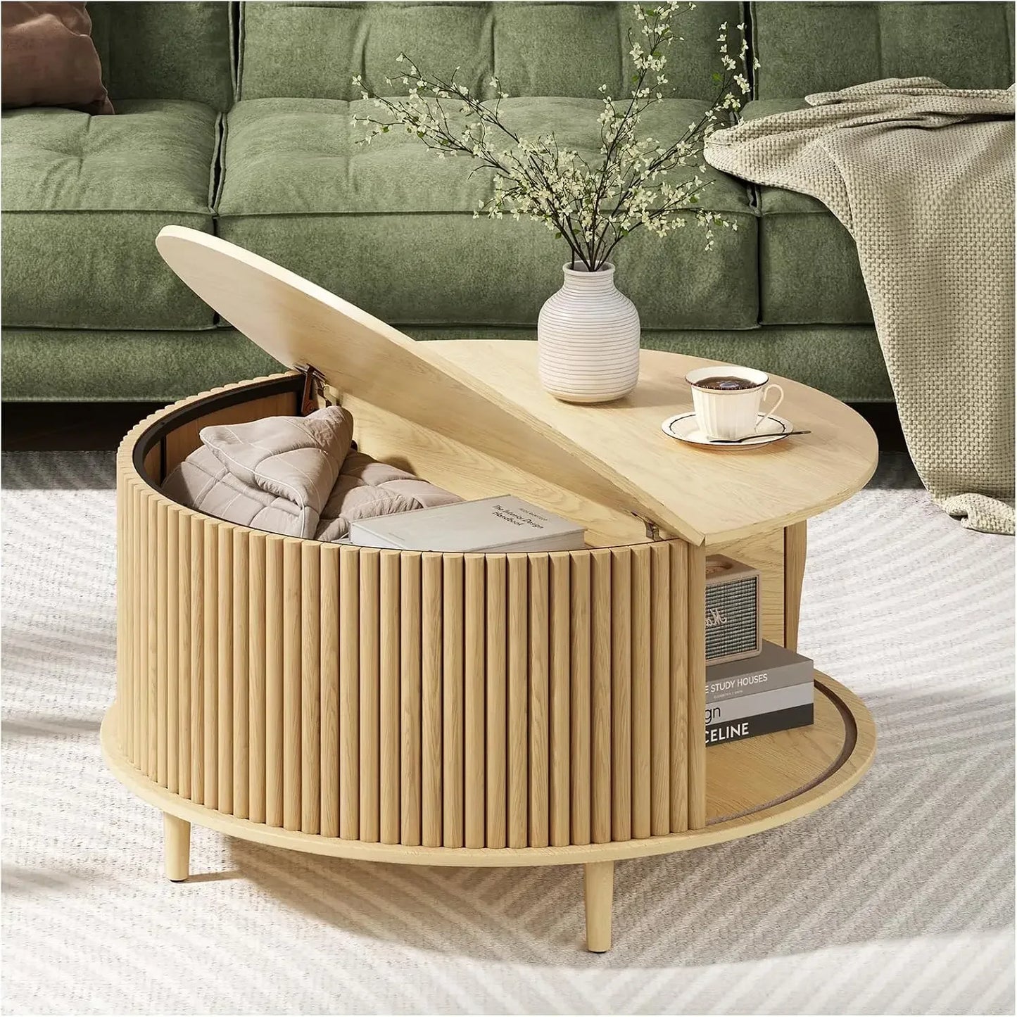 Round Coffee Table with Storage Mid Century Modern Dining Table with Sliding Cabinet Door for Living Room Home Center Table