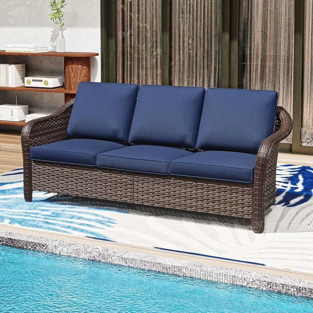 78" Wicker 3-seat Sofa, Outdoor Conversation Furniture, All-Weather Rattan Couch, Steel Frame Couch with Cushions for Garden, Po