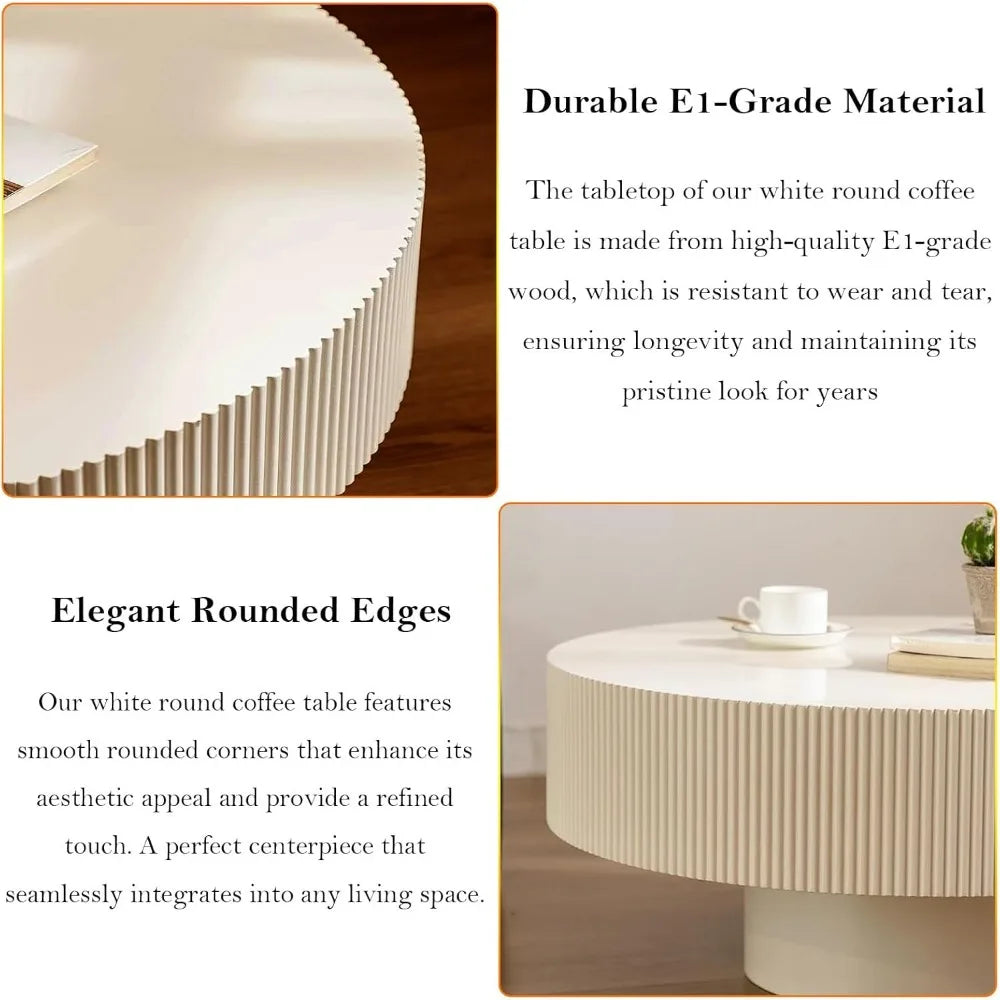 Modern Fluted Drum Coffee Table with Handcraft Embossed Edge Design & Stable & Sturdy Pedestal