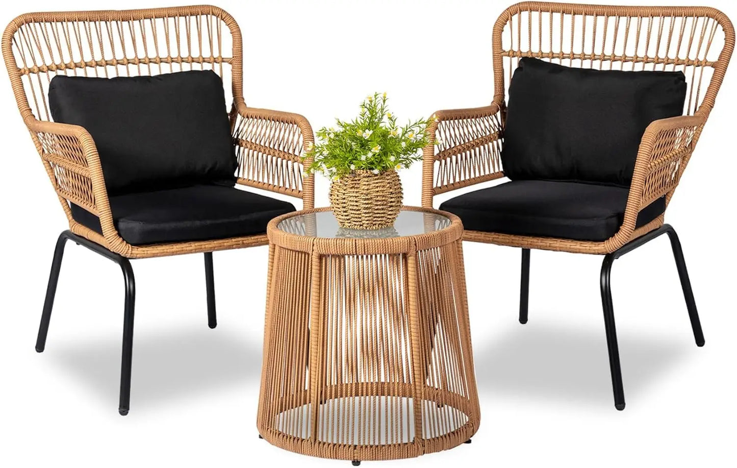 3 Piece Outdoor Wicker Furniture Bistro Set, Rattan Chairs Conversation Sets Porch Chair, Wicker Patio Furniture for Balcony Poo