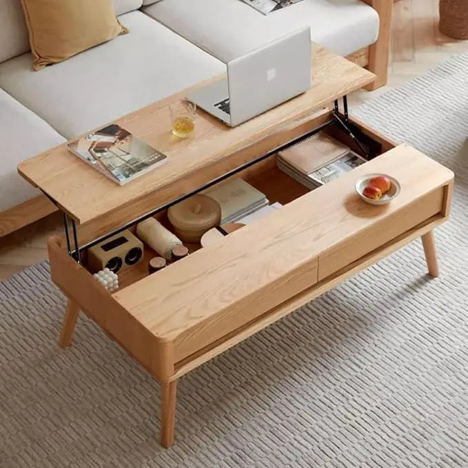 100% Solid Oak Lift Top Coffee Table, Wood Coffee Table with Hidden Compartment and Drawers - Coffee Tables