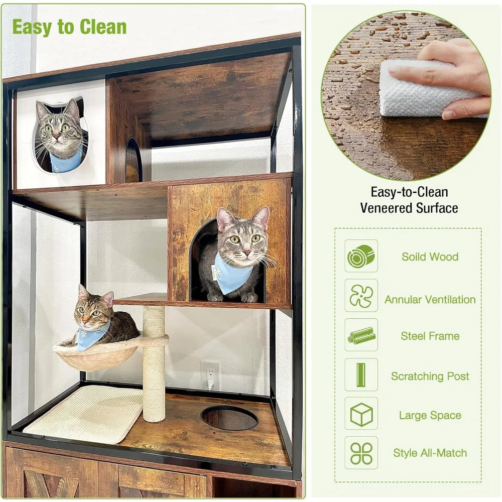 Cats Litter Box Enclosure Hidden Cat Litter Box Furniture with Cats Tree Wooden Cat House Indoor with Cats Cave, Scratching Post