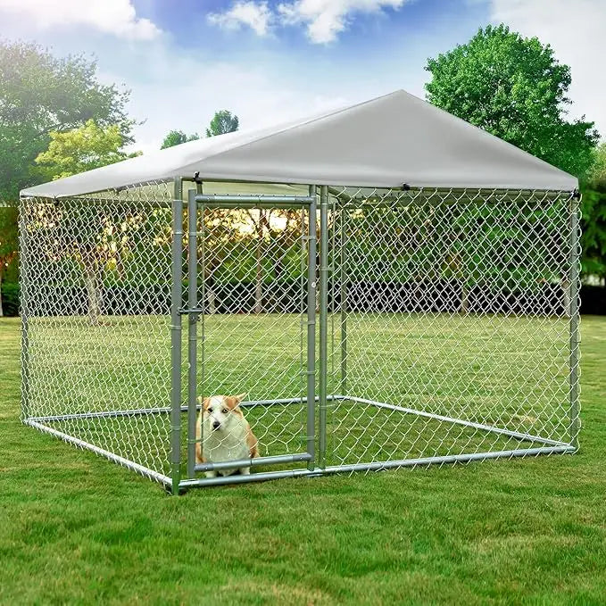 Outdoor Large Dog Kennel, Heavy Duty Dog cage, Galvanized Steel Dog Fence, with UV Resistant Waterproof Cover and Safety Lock
