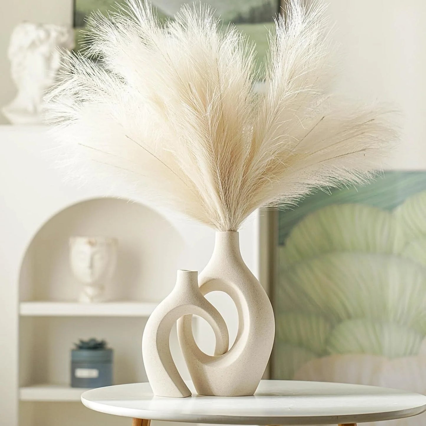 Snuggle Hollow Ceramic Vase Set of 2, Boho ins Style Nordic Mid Century Modern Aesthetic Decorative Vase(Cream W 6.8" X H 11")