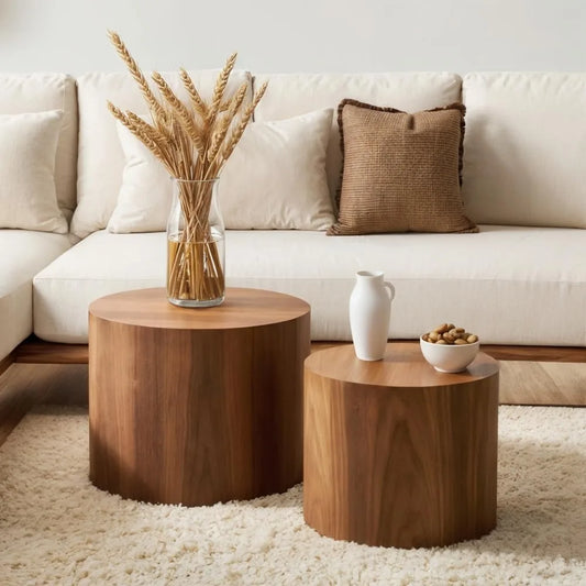 Nesting Coffee Table Set of 2, Modern Round Coffee Table with Non-Slip Feet, Walnut Wooden Circle Accent Tables for Small Spaces