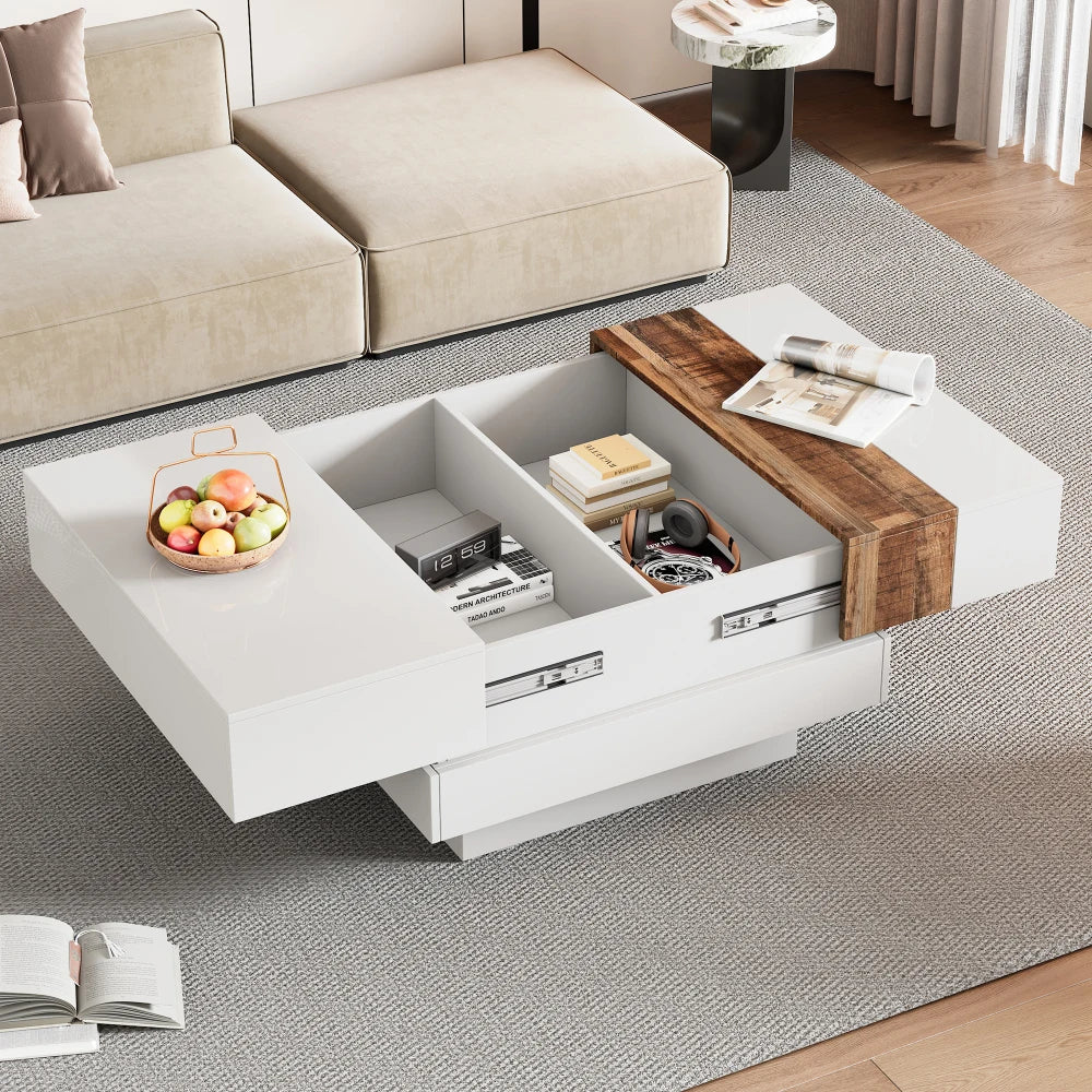 31.4'' x 31.4'' Square Coffee Table with Sliding Tabletop,High Gloss Center Table with Hidden Storage Compartment,Cocktail Table