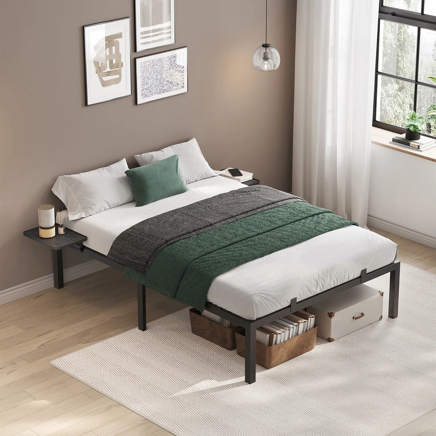 VASAGLE Double Bed Frame, Metal Bed Frame, with Bedside Shelves, Guest Bed Frame, for 140 x 200 cm Mattresses, Easy Assembly