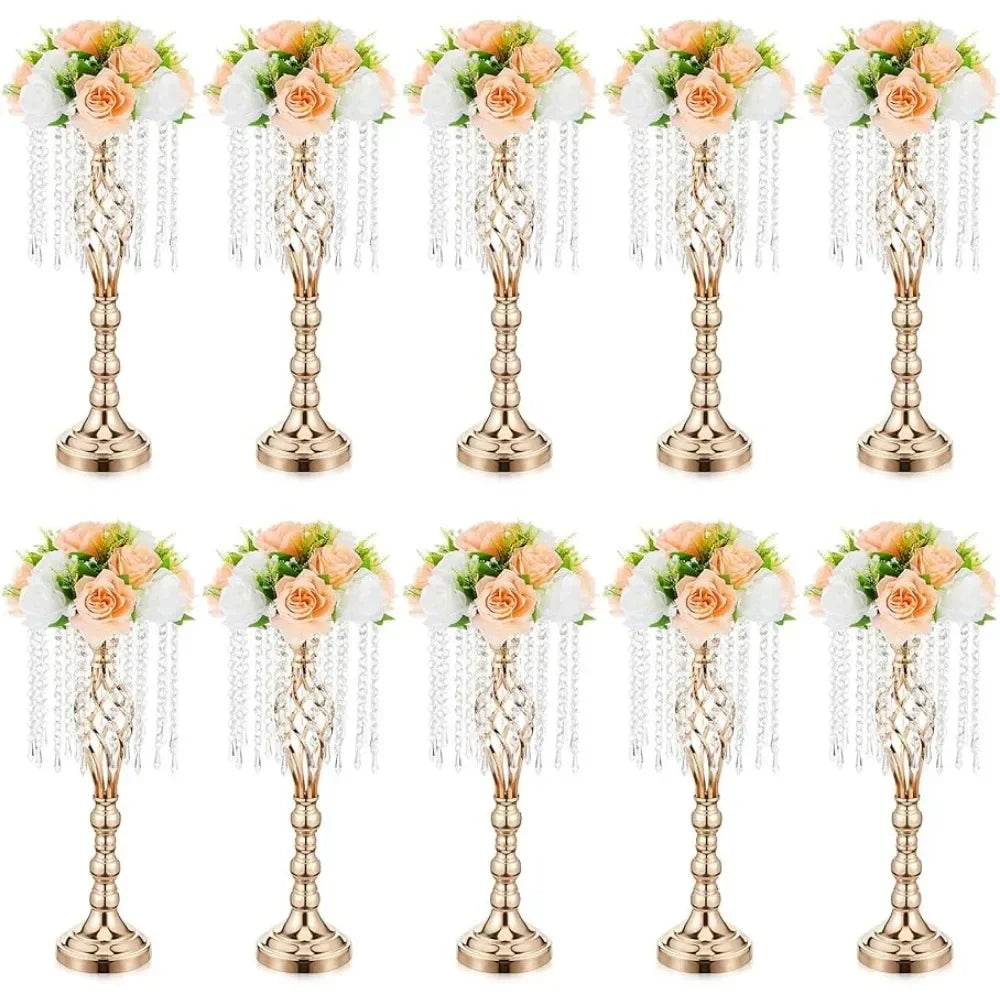 10 Pcs 21.7 Inches Gold Crystal Wedding Centerpieces for Tables With Metal Chandelier Holder Stand Home Decorations Vase Decor