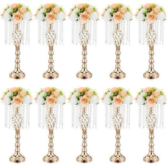 10 Pcs 21.7 Inches Gold Crystal Wedding Centerpieces for Tables With Metal Chandelier Holder Stand Home Decorations Vase Decor
