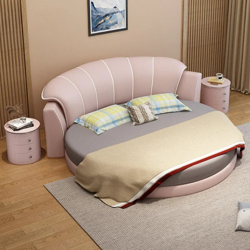 Princess Leather Luxury Double Bed Modern Loft Adults White Queen Round Bed Frames Mattress Camas De Dormitorio Home Furniture