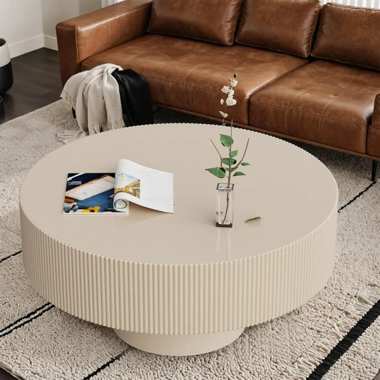 Modern Fluted Drum Coffee Table with Handcraft Embossed Edge Design & Stable & Sturdy Pedestal