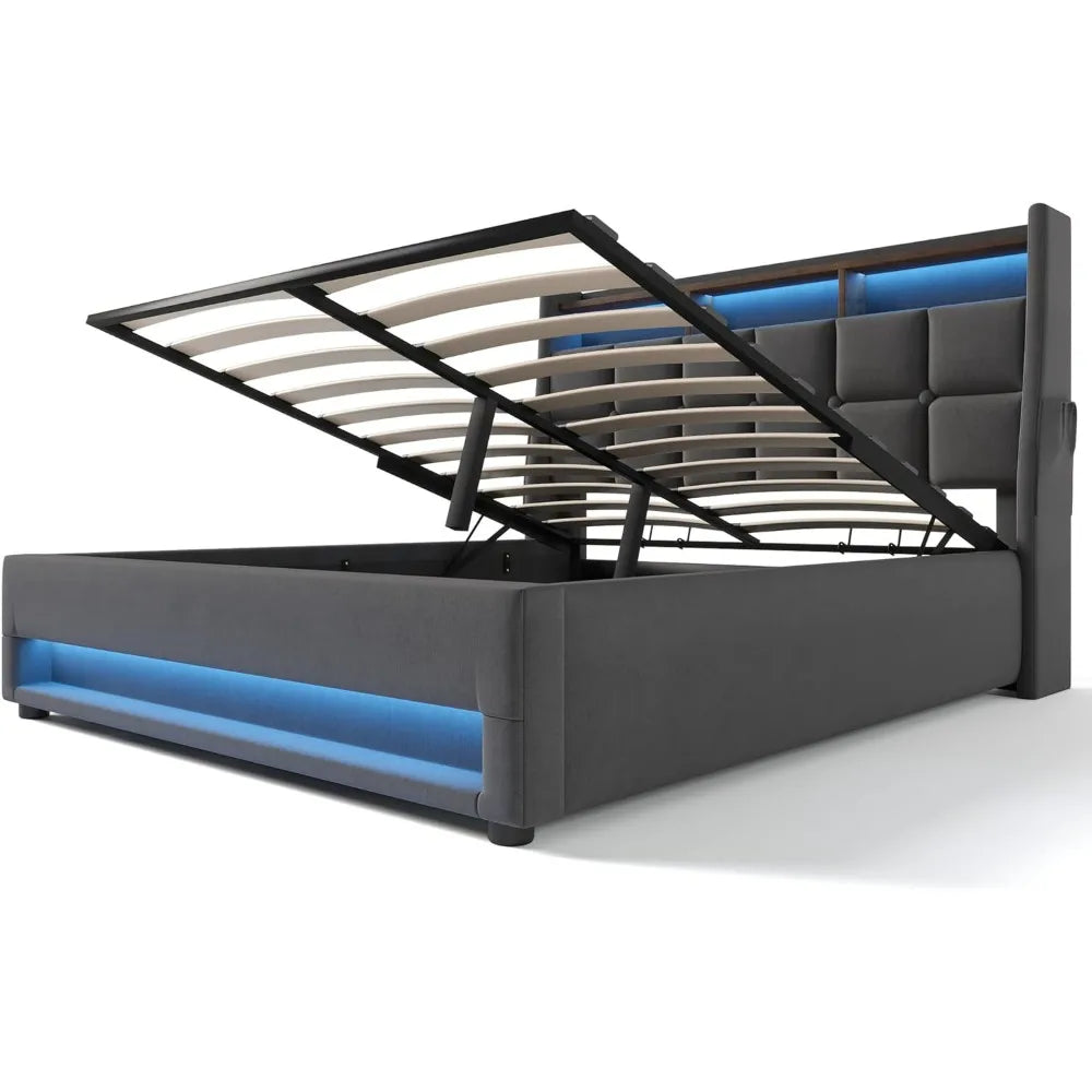 Bed Frame Queen Size with Hydraulic Storage System, Upholstered Platform Bed with Storage Headboard, LED and USB Charging, bed