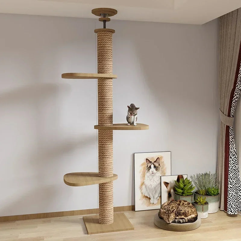 Adjustable Cat Tree House Tower Multi-function Floor To Ceiling Wooden House Tower Soft with Pet Condo Flannel Hammock Bed