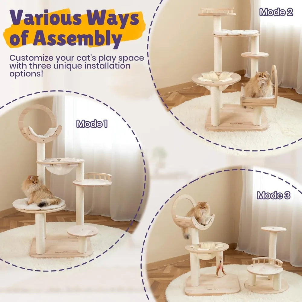 LUCK Happy&Polly Solid Wood Cat Tree - 56.3" Multi-Level Building Block Cat Tower With Cozy Hammock, Sisal Scratching Posts, P