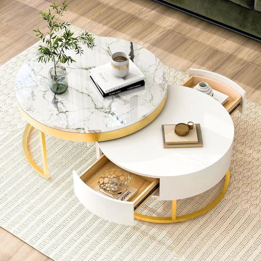 Modern Round Nesting Coffee Table with Marble Top, White & Gold Nesting Coffee Table Set of 2 Center Table with Storage Drawers
