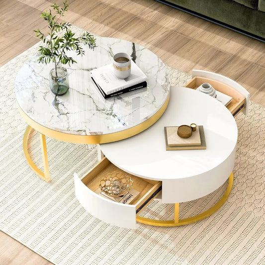 Modern Round Nesting Coffee Table with Marble Top, White & Gold Nesting Coffee Table Set of 2 Center Table with Storage Drawers