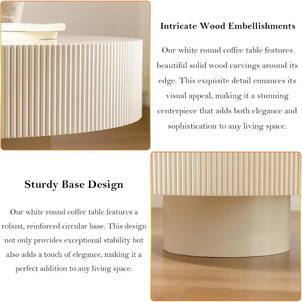 Modern Fluted Drum Coffee Table with Handcraft Embossed Edge Design & Stable & Sturdy Pedestal