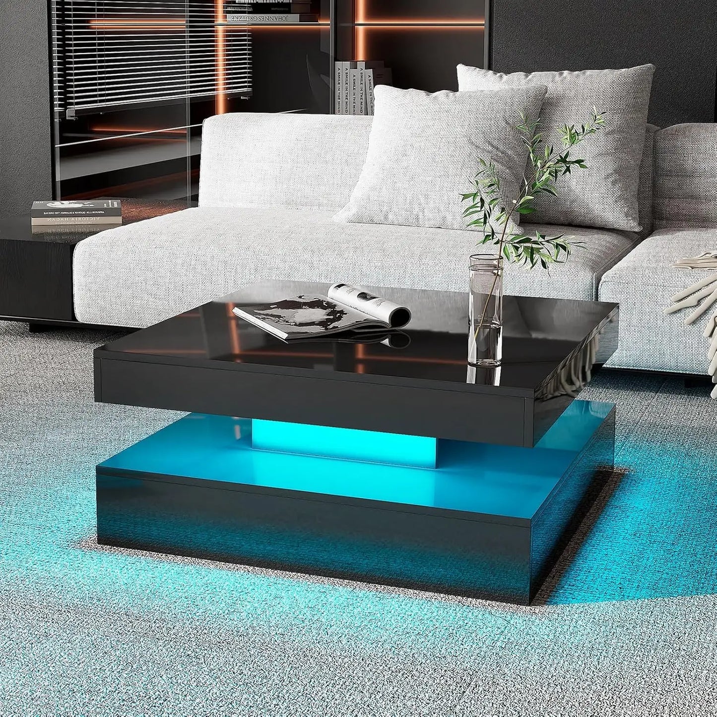 LED Coffee Table for Living Room, Living Room Table 2-Tier Square Middle Center Table, Modern Coffee Tables with Storage