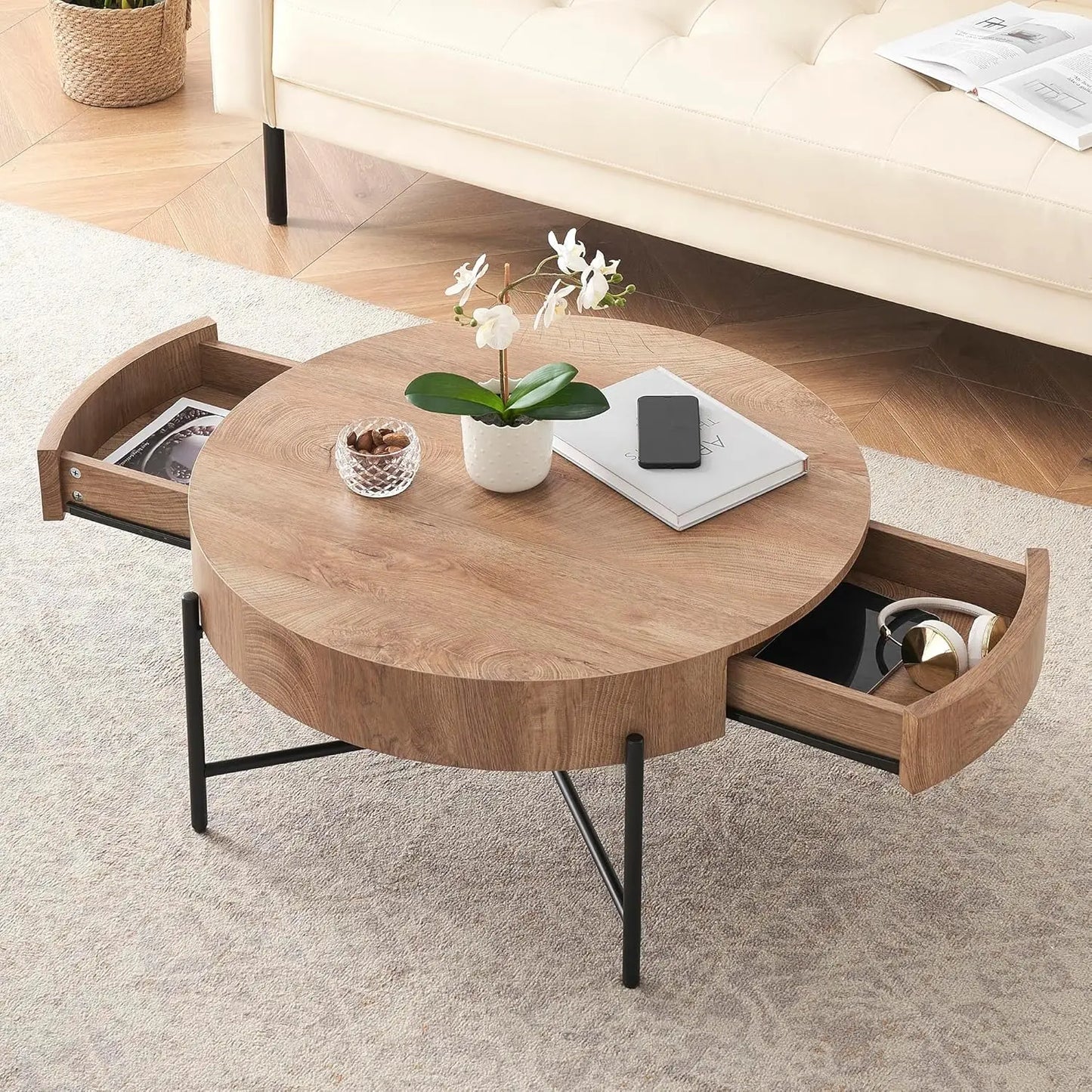 Round Coffee Table with Two Drawers Circle Center Table with Storage Farmhouse Coffee Table Living Room Wood Look Cocktail Table