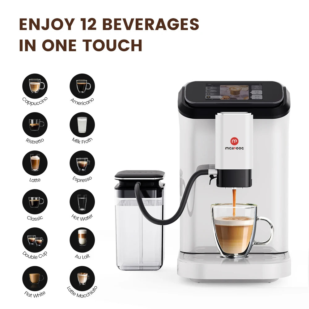 Mcilpoog WS-D5 Automatic Coffee Machine - Smart Wi-Fi , 12 Coffee Varieties, Touchscreen & Built-In Frother/1.5L Tank for Home