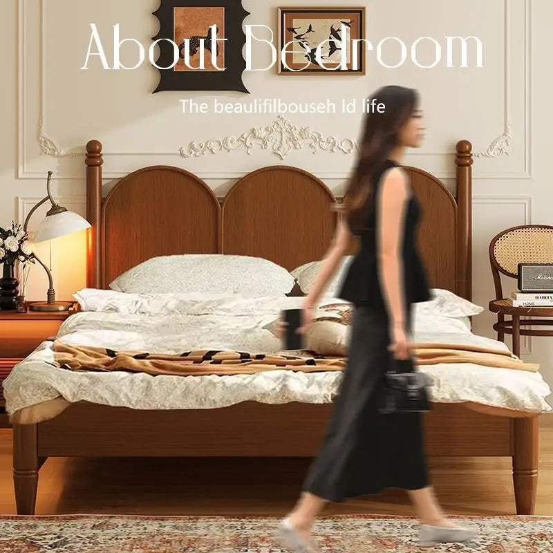 Retro French solid wood bed walnut American master bedroom double bed 1.51.8 modern minimalist antique bed and breakfast