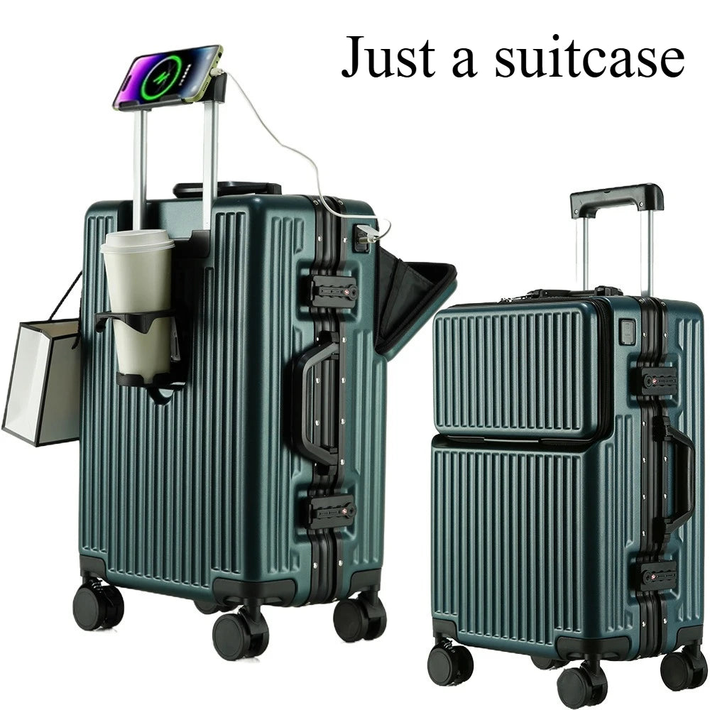 Aluminium Frame Rolling Luggage with Cup Holder Mobile Phone Holder Front Opening Suitcase Large capacity Travel Suitcase