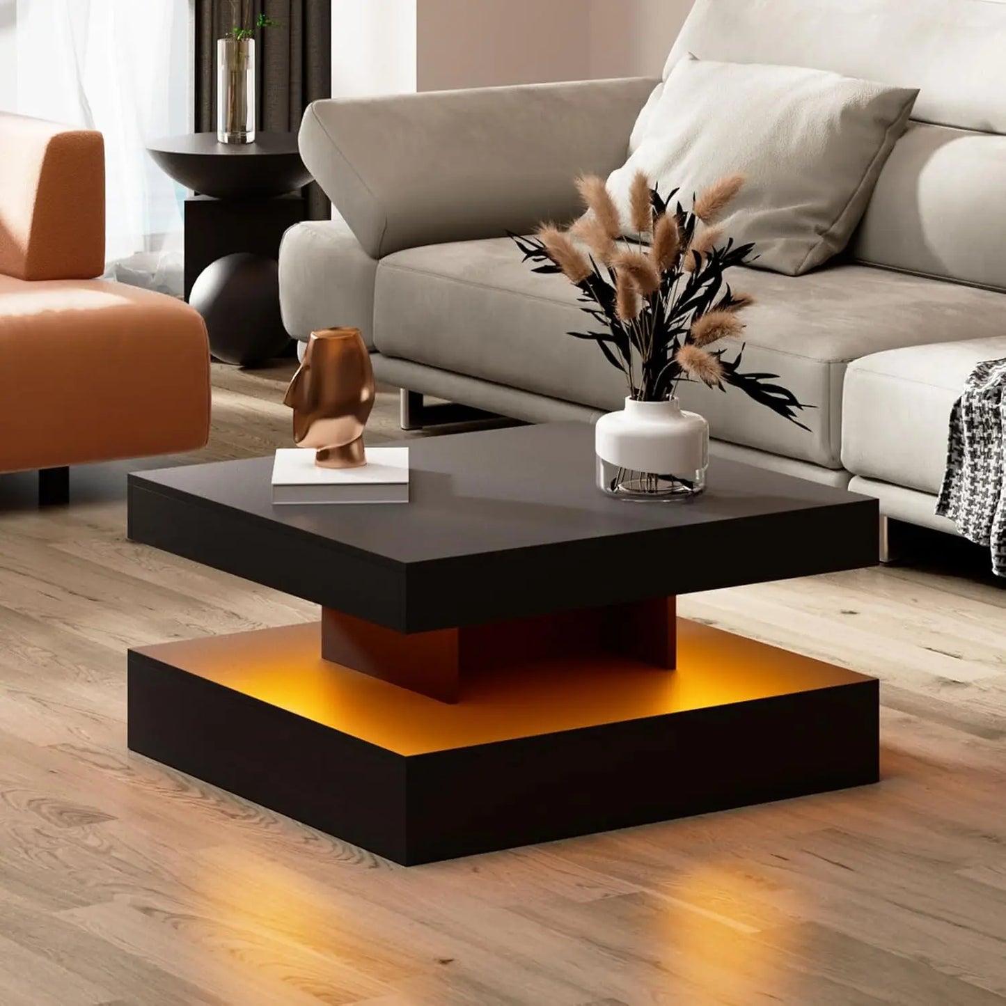 LED Coffee Table for Living Room, Living Room Table 2-Tier Square Middle Center Table, Modern Coffee Tables with Storage