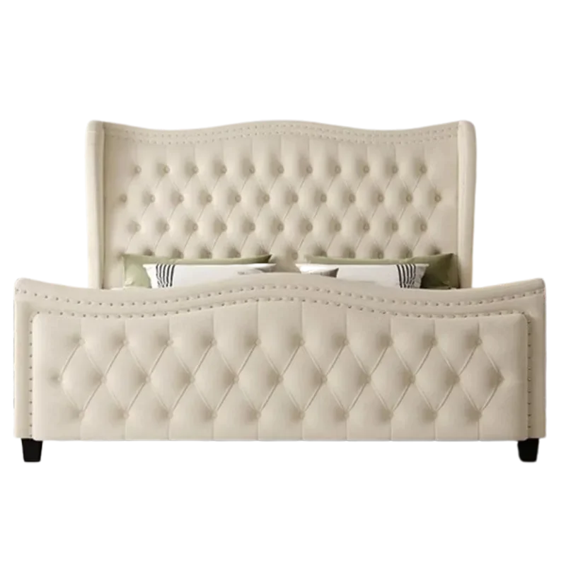 Queen Bed Frame, 55" Headboard Upholstered Bed with Tall Footbaord, Velvet Handmade Pleats Deep Button Tufted Wingback Platform