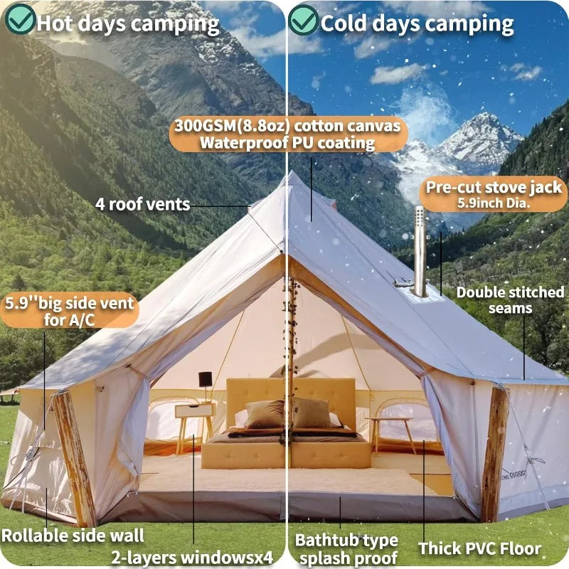 DANCHEL OUTDOOR B5PRO 4 Season Canvas Bell Tent with 2 Stove Jacks, Glamping Yurt Tent for All Year Living 4/6/8 Person