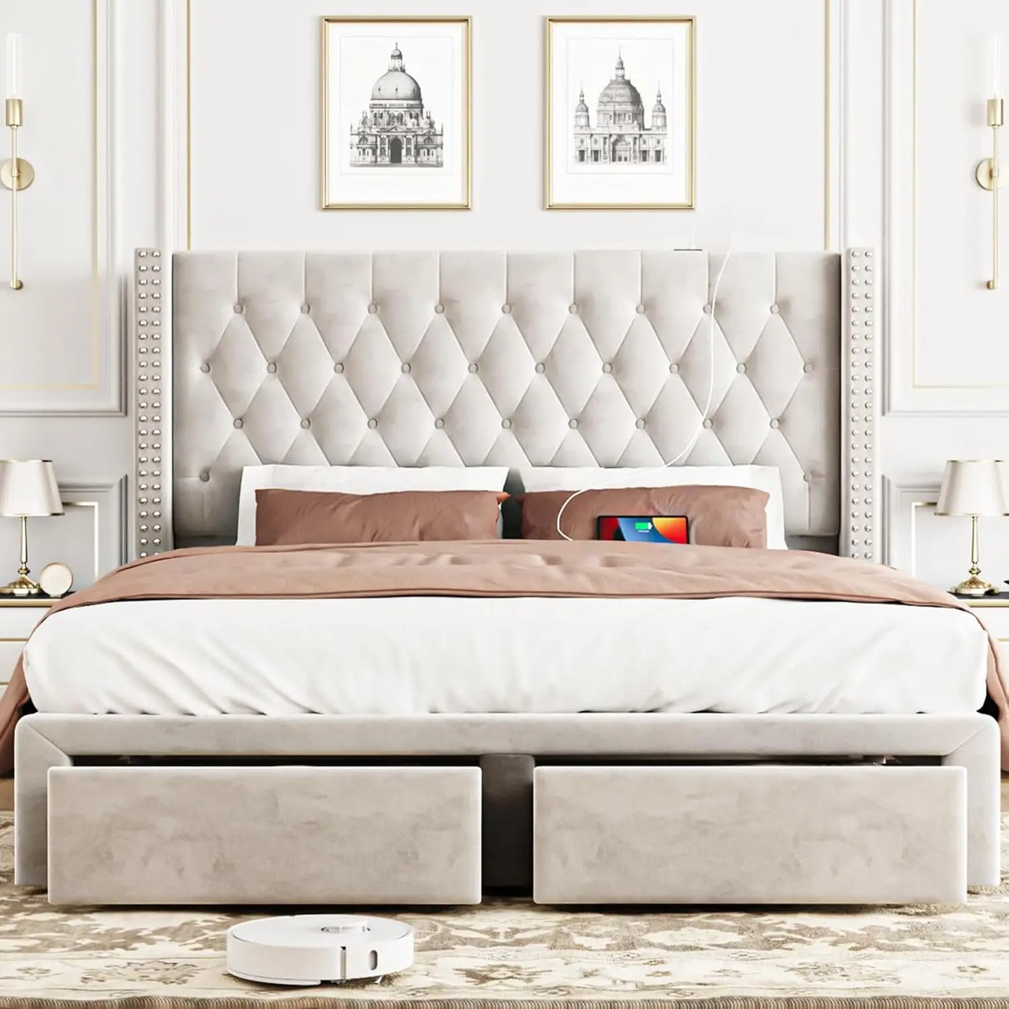 Upholstered Bed Frame Queen with Headboard and Storage, Velvet Tall Bed Frame with 2 Drawers, Tufted Wingback Bed Frame