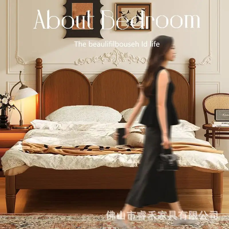 Retro French solid wood bed walnut American master bedroom double bed 1.51.8 modern minimalist antique bed and breakfast