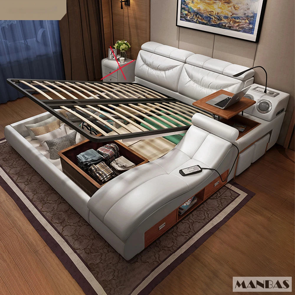 Linlamlim Ultimate Bed Frame Tech Smart Multifunctional Bed with Genuine Leather, Massage, USB, Bluetooth Speaker, Tatami & Safe