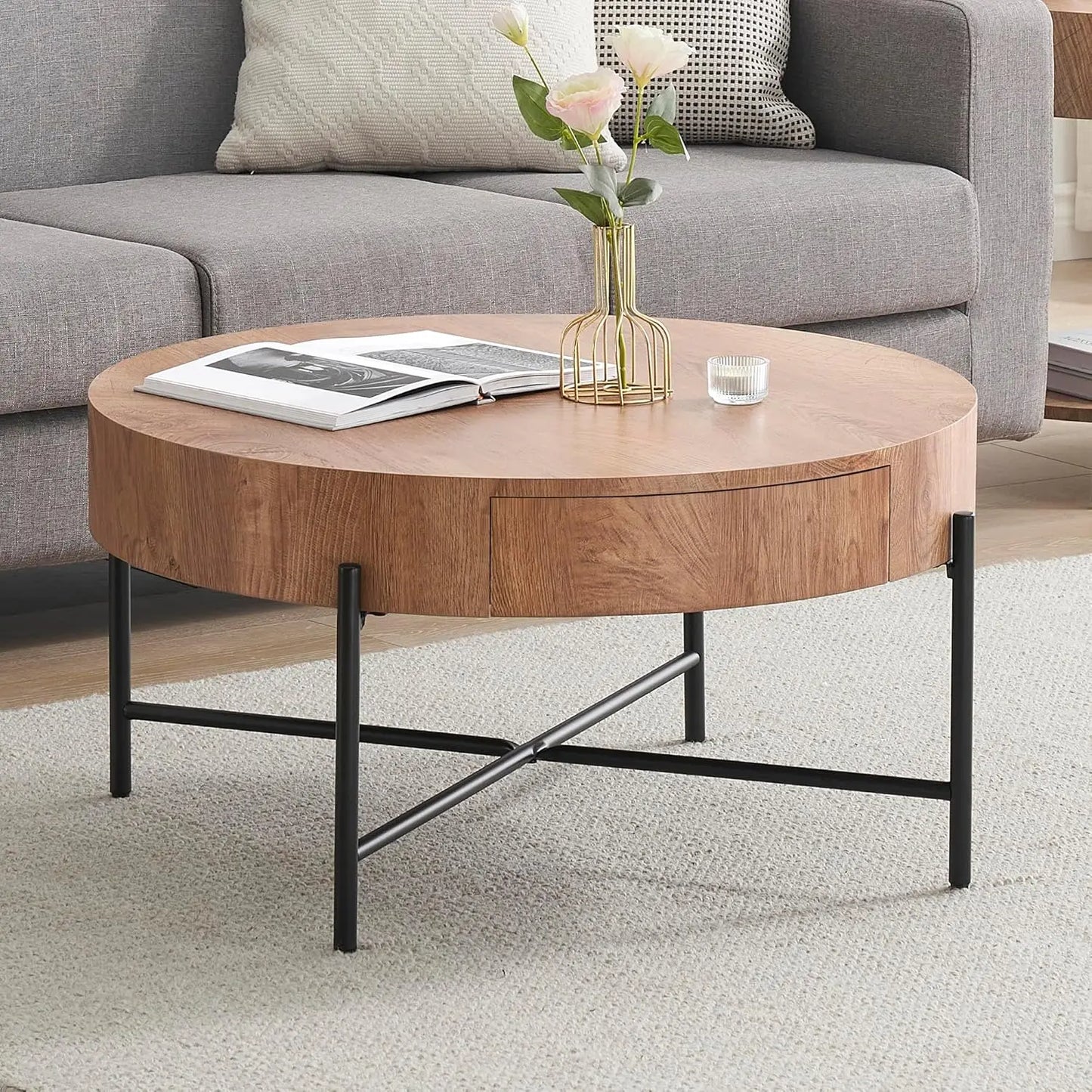 Round Coffee Table with Two Drawers Circle Center Table with Storage Farmhouse Coffee Table Living Room Wood Look Cocktail Table