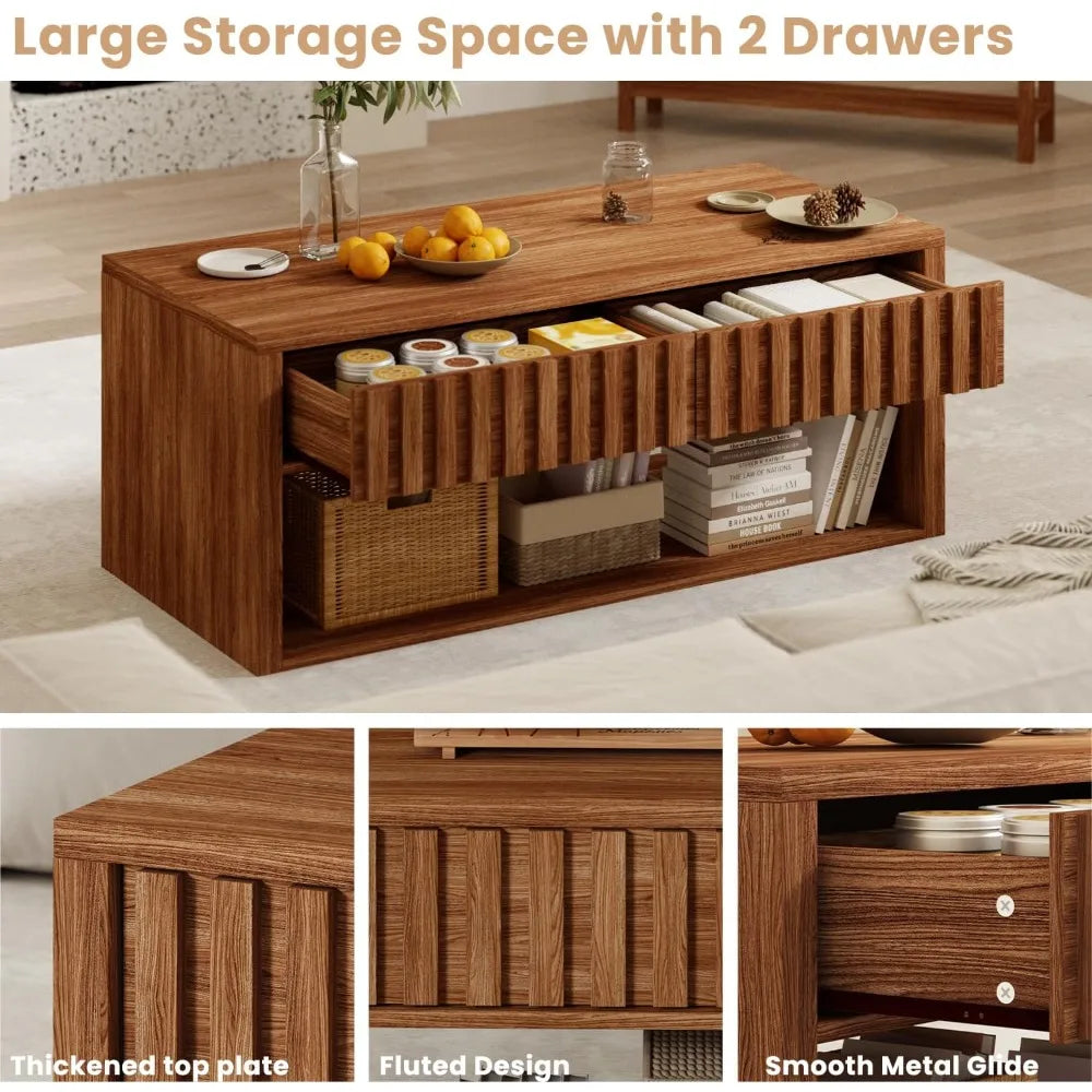 Wood Coffee Table with Storage, Coffee Table Fluted Drawers and Open Storage Space, Mid Century Center Table for Living Room