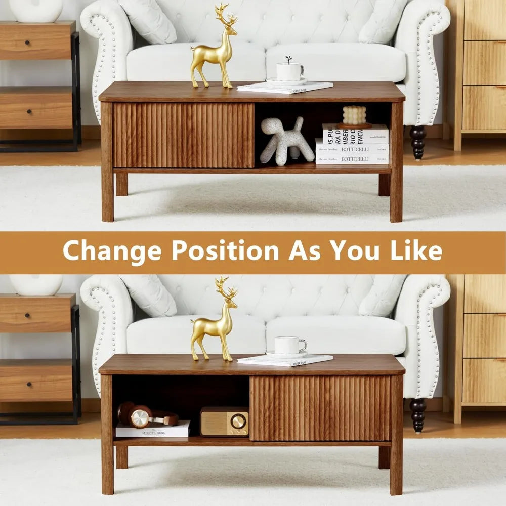 Mid-Century Modern Rectangular Wood Coffee Table with Dual Storage Shelf, Storage Center Coffee Tables with Waveform Panel