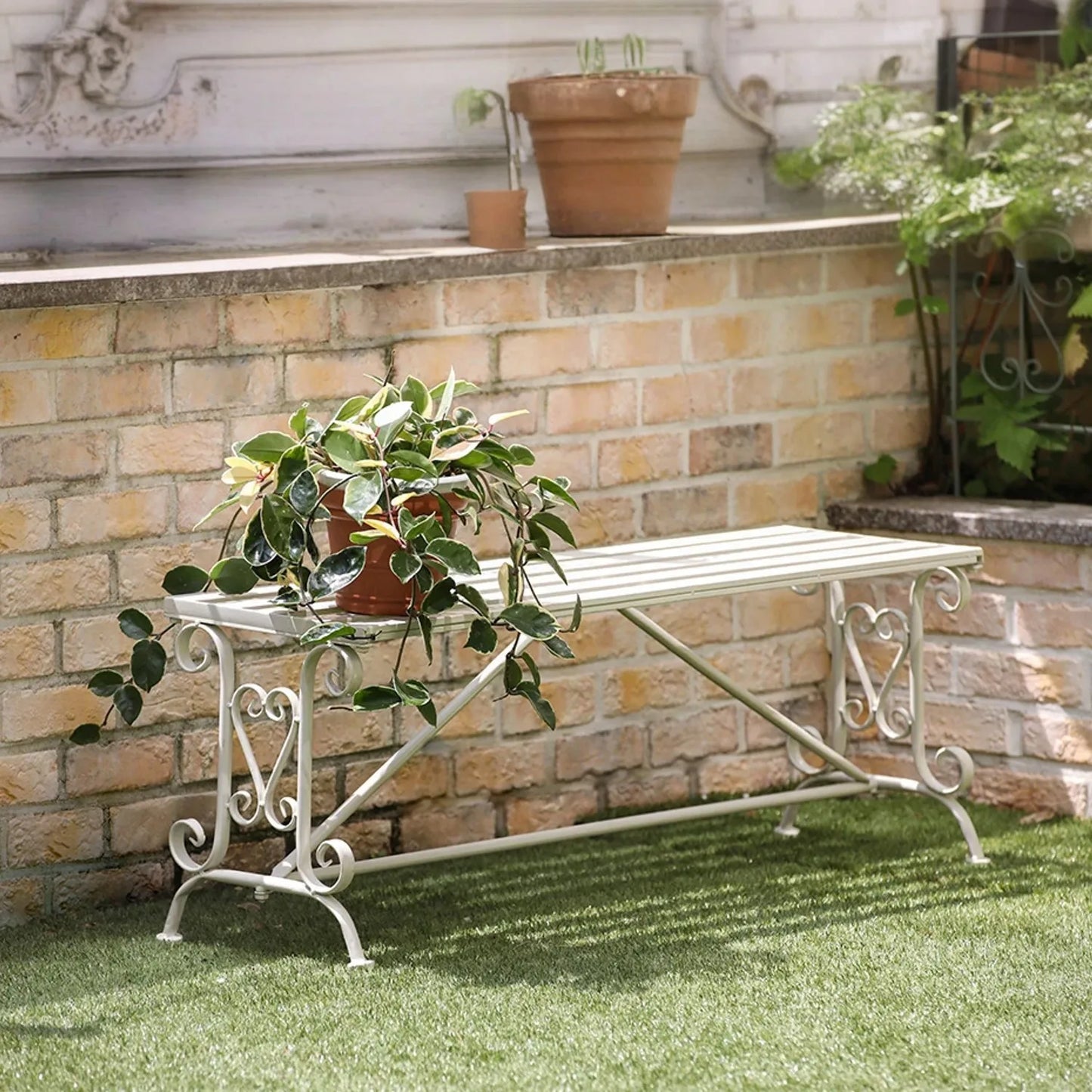 Antique wrought iron metal outdoor garden bench, patio porch garden, wrought iron decorative folding double bench