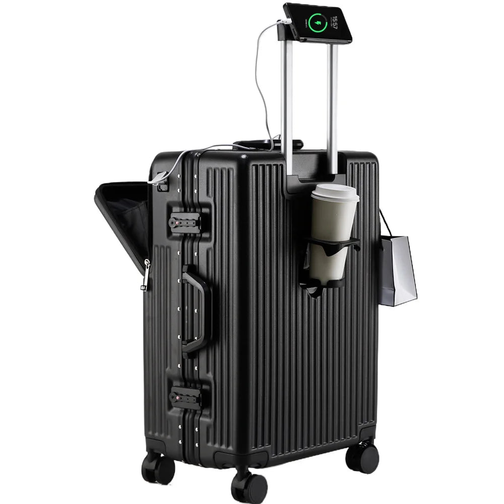 Aluminium Frame Rolling Luggage with Cup Holder Mobile Phone Holder Front Opening Suitcase Large capacity Travel Suitcase