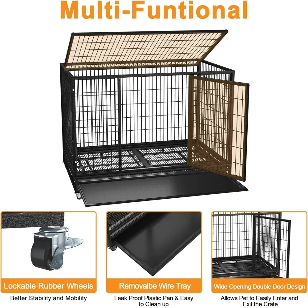 Dog Crate Cage Kennel for Large Dogs, High Anxiety Dog Crate with Removable Crate Trays, Wheels and Double Door