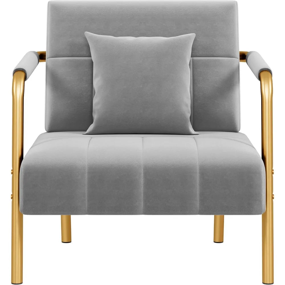 30" W Accent Chair Velvet Oversized Armchair Living Room Chair with Golden Frame & Cozy Pillow for Living Room, Light Gray