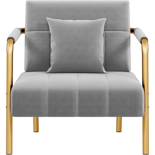 30" W Accent Chair Velvet Oversized Armchair Living Room Chair with Golden Frame & Cozy Pillow for Living Room, Light Gray