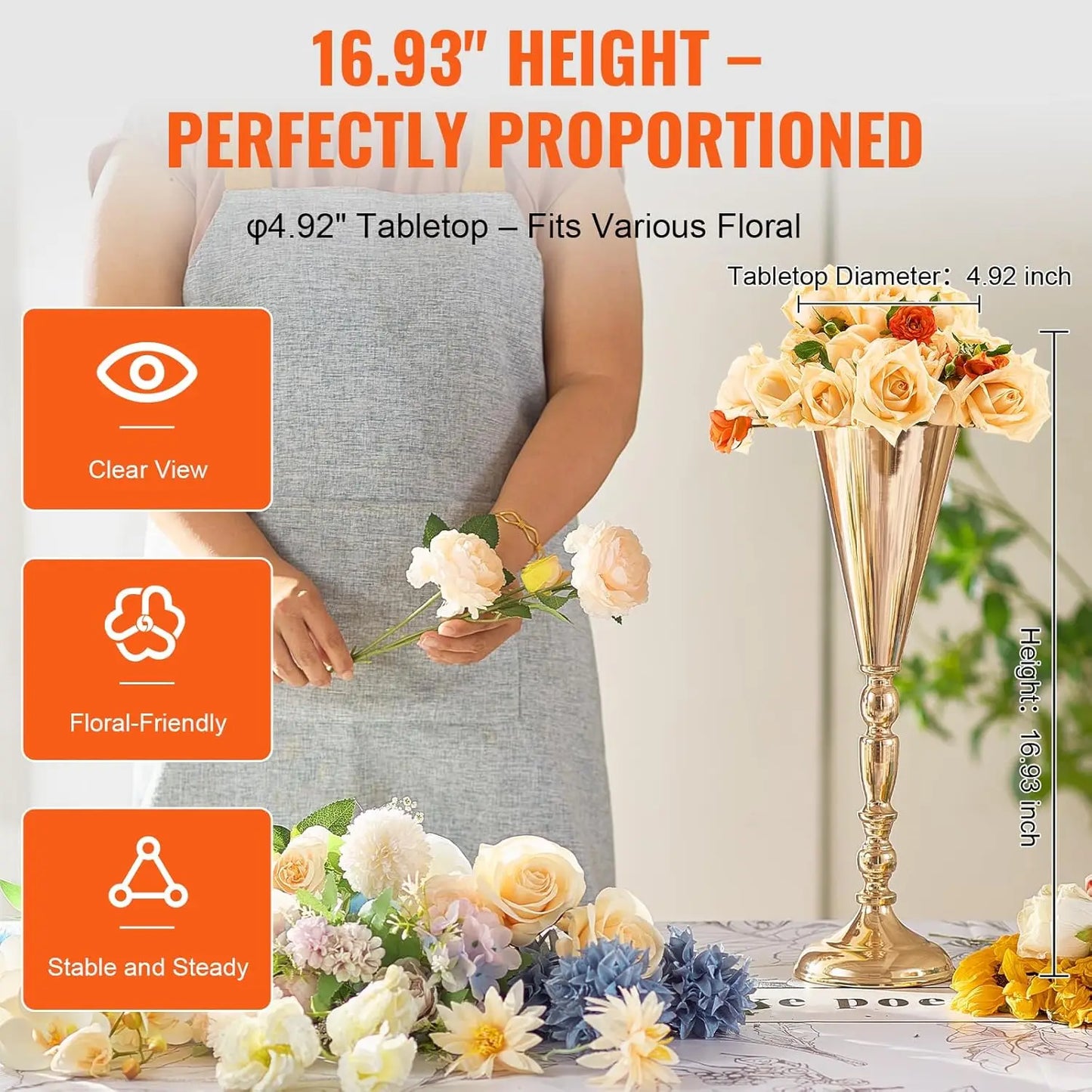 10PCS 43cm/16.9” Tall Wedding Flower Vase, Metal Wedding Trumpet Centerpiece, Gold Floral Stand Display Rack for Wedding Party