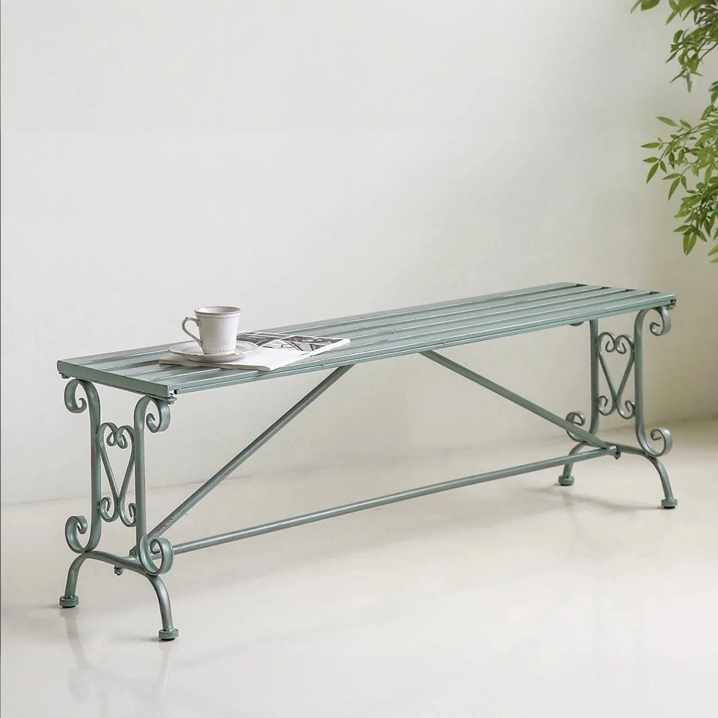 Antique wrought iron metal outdoor garden bench, patio porch garden, wrought iron decorative folding double bench