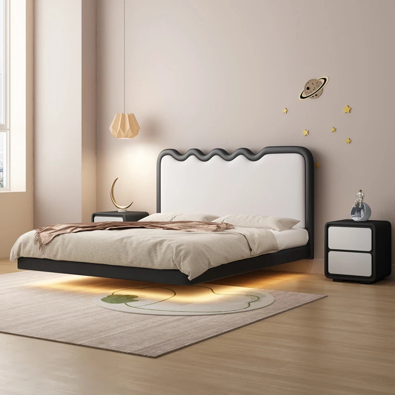 Cream Floating Kids Bed - Minimalist Solid Wood Frame with LED Lighting