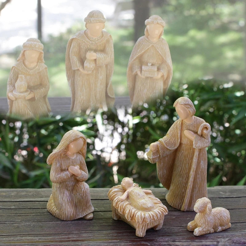 10pcs Resin Miniature Nativity Figurine Set Desktop Ornament Family Christmas Nativity Sculptures Handicrafts Church
